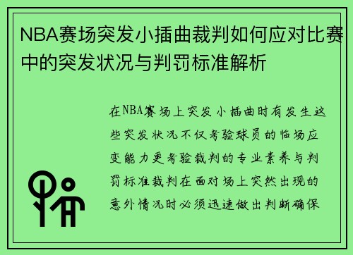 NBA赛场突发小插曲裁判如何应对比赛中的突发状况与判罚标准解析 NBA赛场突发小插曲裁判如何应对比赛中的突发状况与判罚标准解析